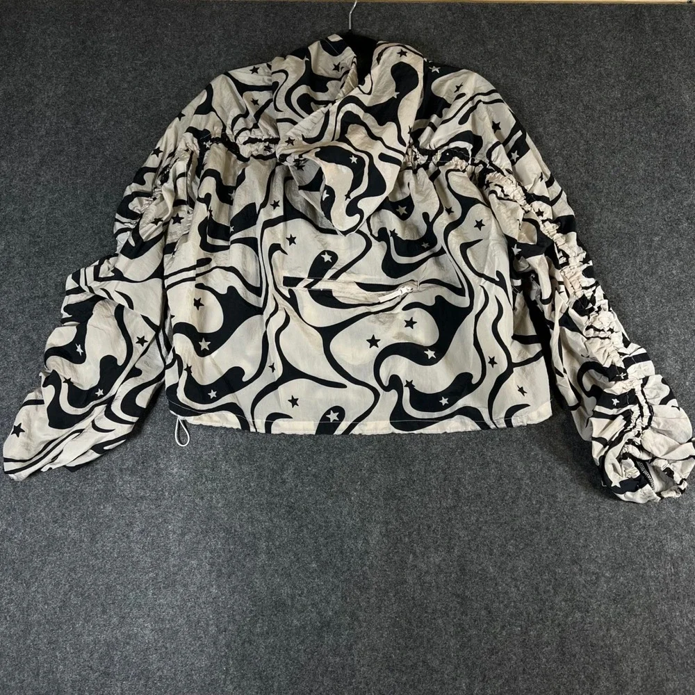 JoyLab Womens Swirl Star Print Ruched Sleeve Hooded Windbreaker Jacket Cream L_2